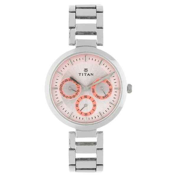 Titan Quartz Multifunction Pink Dial Stainless Steel Strap Watch for Women