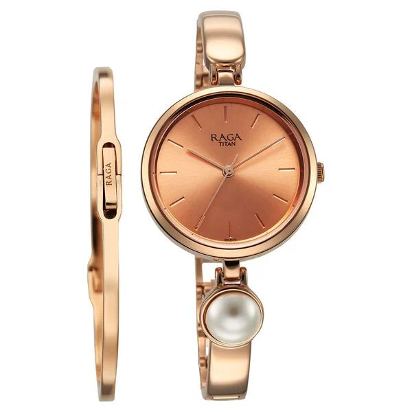 Titan Raga Power Pearls Quartz Analog Rose Gold Dial Metal Strap with pearl Watch for Women