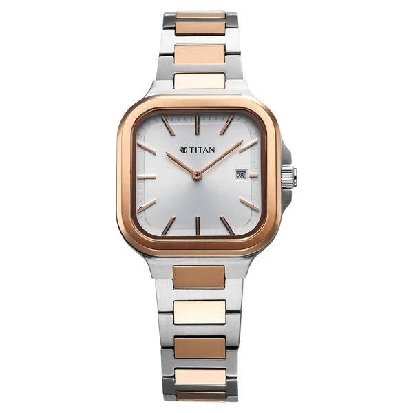 Titan Slim Square Quartz Analog with Date Silver Dial With Two Toned Color Stainless Steel Strap Watch For Women