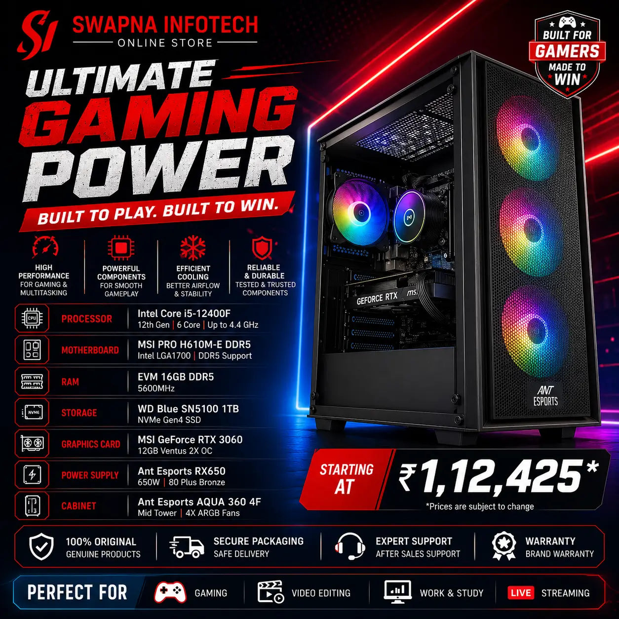 Swapna Infotech Gaming PC – Core i5-12400F + RTX 3060 12GB