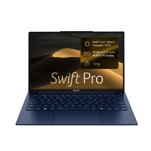 Acer Swift Pro SFP14-55 14-inch Thin & Light Laptop | Intel Core Ultra 5 125H Processor | 16GB LPDDR5 RAM | 512GB PCIe NVMe SSD | Intel Arc Graphics | WUXGA IPS Display | Fingerprint Reader | Windows 11 Home | Microsoft Office | Dark Blue | 1.2kg