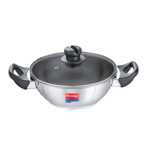 Prestige Platina Non-stick Stainless Steel Unique Impact Forged Bottom Kadai with Glass Lid (Silver)