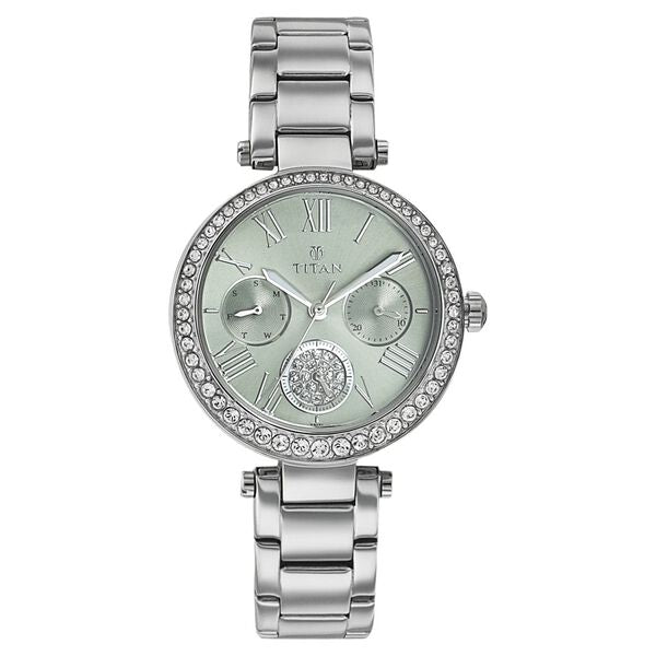 Titan Quartz Multifunction Green Dial Stainless Steel Strap Watch for Women