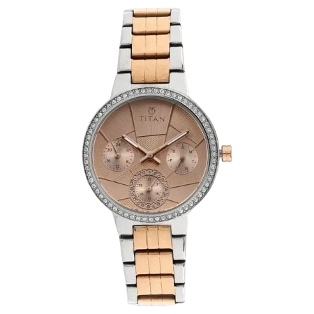 महिलाओं के लिए टाइटन व्हिम्सी गोल्डन डायल क्वार्ट्ज़ मल्टीफ़ंक्शन स्टेनलेस स्टील स्ट्रैप घड़ी