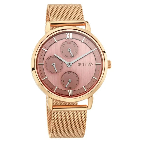 Titan Workwear Rose Gold Dial Quartz Multifunction Metal Strap watch for Women