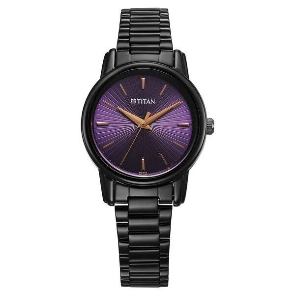 Titan Karishma Quartz Analog Purple Dial Black Stainless Steel Strap Watch For Women