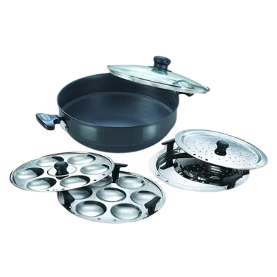 Prestige Hard Anodised Induction Base Multi-Kadai with Glass Lid (Dhokla Plate, Patra Plate, Idli Plates), (Black)