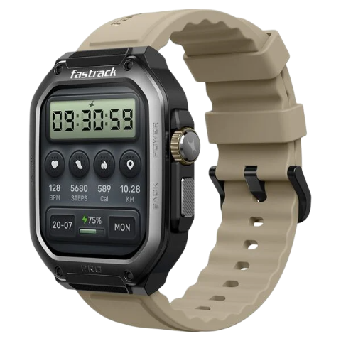Fastrack Active Pro with 4.69 cm AMOLED Display and AOD, Functional Crown, BT Calling Rugged Smartwatch with Khaki Strap