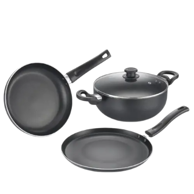 Prestige Svachh Byk Set Aluminium Non Stick Cookware, Omni Tawa Dia 28 Cm -1 Unit, Fry Pan Dia 24 Cm - 1 Unit, Kadai with Glass Lid Dia 24 cm -1 Unit