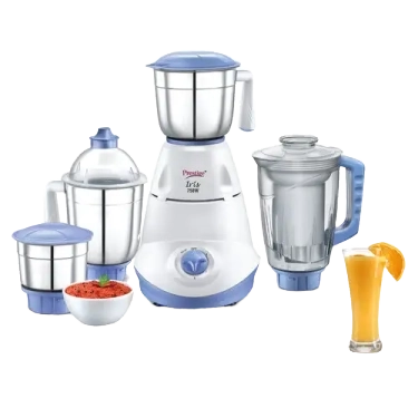 Prestige Iris 750 Watts Mixer Grinder with 4 Jars (3 Stainless Steel Jars + 1 Juicer Jar)| Ergonomic Design| Sturdy Handles| Powerful Motor| Blue & White