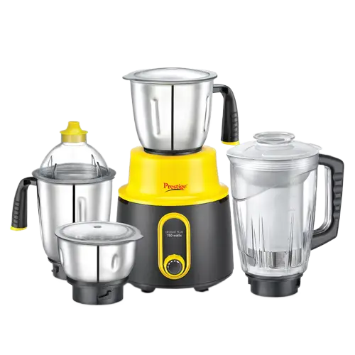 Prestige 750 Watts Delight Plus Mixer Grinder with 4 Jars (3 Stainless Steel Jars + 1 Juicer Jar)| Sturdy Handles| Superior-Grade ABS Body| Yellow and Black