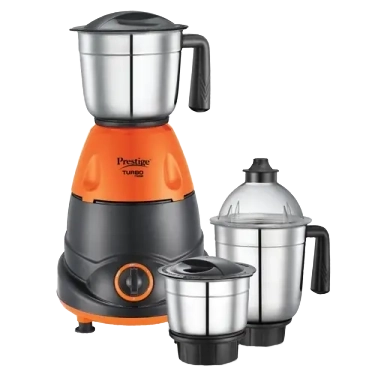 Prestige 750 Watts Turbo with 3 Stainless Steel Jars| Appealing Design| 3 Stainless Steel Jars| Sturdy Handles| Orange & Black