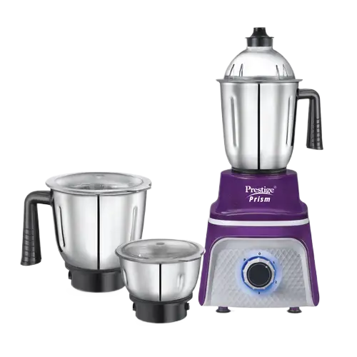 Prestige 750 Watts Prism Mixer Grinder with 3 Stainless Steel Jars| LED Power Indicator |Flow Breaker Design |Sturdy Handles| Purple and White
