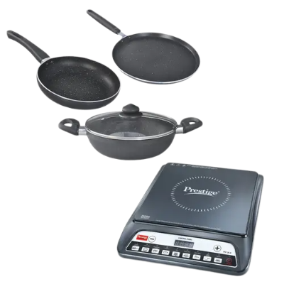 Prestige Omega Deluxe Granite Aluminium 3 Pc Kitchen Sets with PIC 20.0 Induction Cooktop 1600 W (Black)