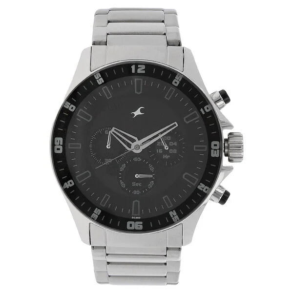 Fastrack Big Time Quartz Chronograph Black Dial Stainless Steel Strap Watch for Guys