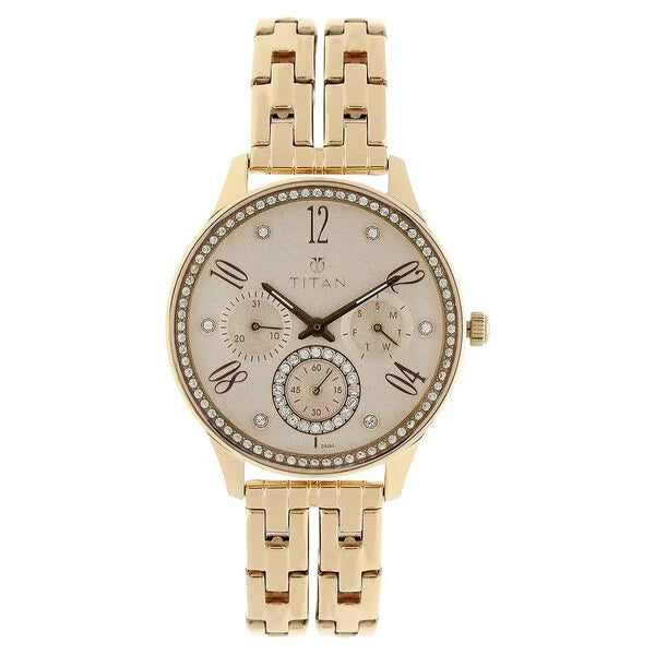 Titan Purple Rose Gold Dial Quartz Multifunction Stainless Steel Strap Watch for Women