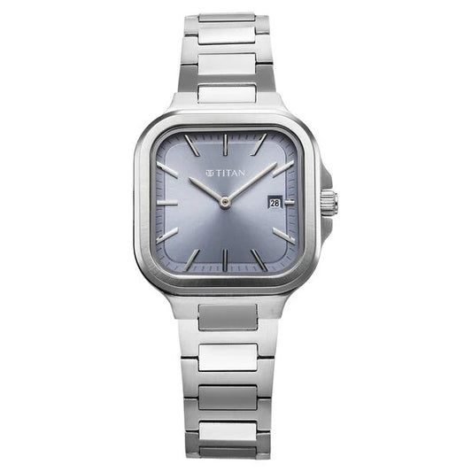 Titan Slim Square Quartz Analog with Date Blue Dial With Silver Color Stainless Steel Strap Watch For Women