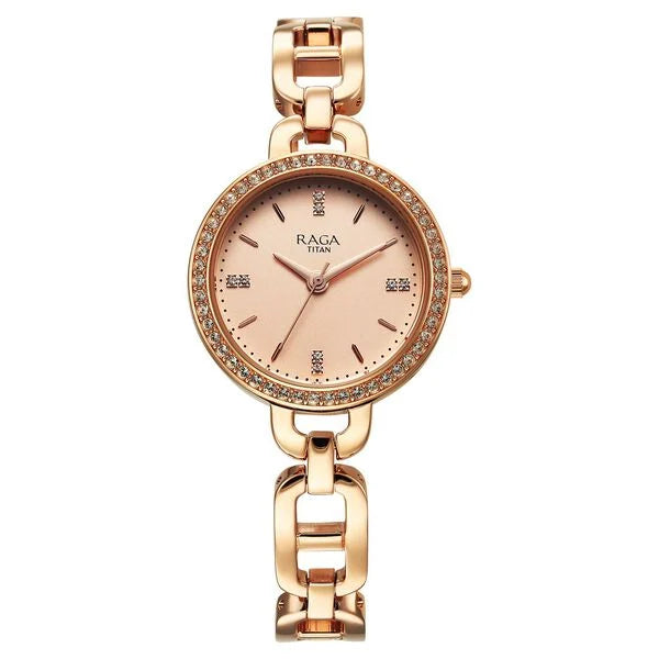 Titan Raga Showstopper Quartz Analog Rose Gold Dial Metal Strap Watch For Women