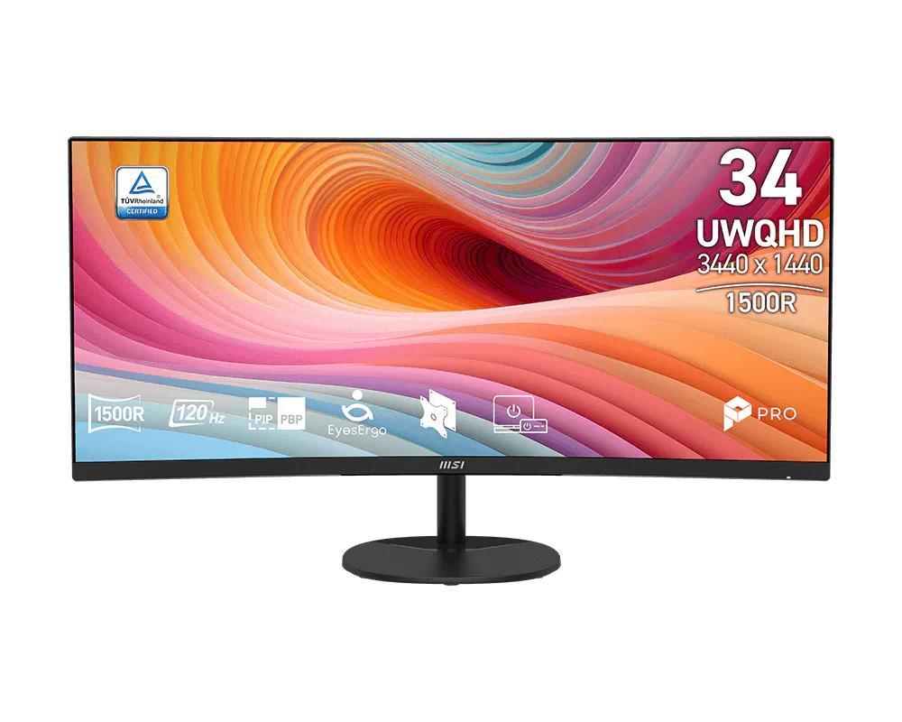 MSI PRO MP341CQ E12 | 34-inch UWQHD 3440×1440 VA | 1500R Curved | 120Hz | 1ms MPRT | HDR Ready | FreeSync Premium | Built-in Speakers