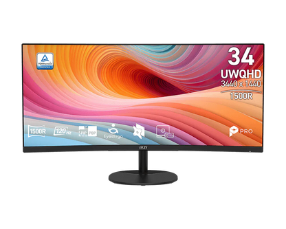 MSI PRO MP341CQ E12 | 34-inch UWQHD 3440×1440 VA | 1500R Curved | 120Hz | 1ms MPRT | HDR Ready | FreeSync Premium | Built-in Speakers
