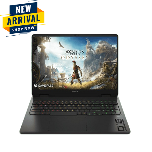 Laptop with Assassin's Creed Odyssey game on screen on a white background