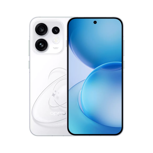 An Oppo smartphone shown from the back and front on a clean white background. The back is white with a large triple-camera module, and the front displays a blue abstract wallpaper.