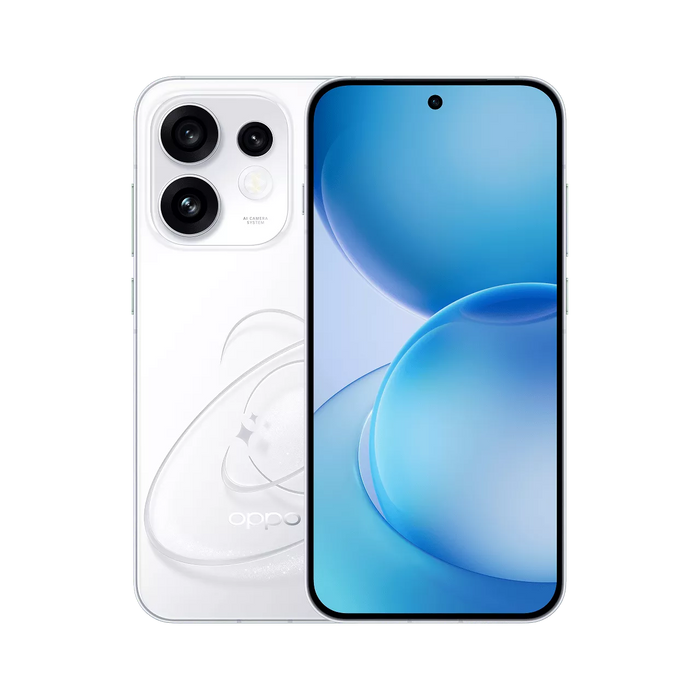 An Oppo smartphone shown from the back and front on a clean white background. The back is white with a large triple-camera module, and the front displays a blue abstract wallpaper.