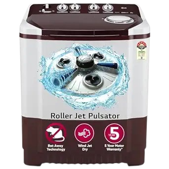 LG 8.5Kg సెమీ ఆటోమేటిక్ టాప్ లోడ్ వాషింగ్ మెషిన్, రోలర్ జెట్ పల్సేటర్ + సోక్, బుర్గుండి
