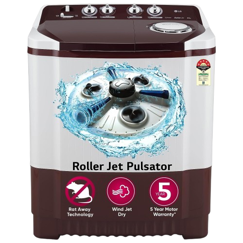 LG 8.5KG సెమీ ఆటోమేటిక్ టాప్ లోడ్ వాషింగ్ మెషిన్, రోలర్ జెట్ పల్సేటర్ + సోక్, బుర్గుండి