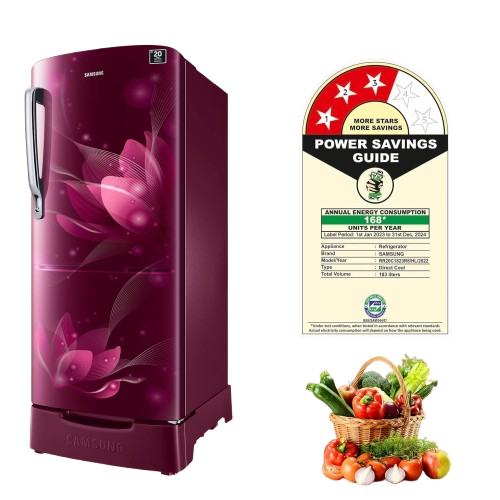 Samsung 183 L, 3 Star, Digital Inverter, Direct-Cool Single Door Refrigerator (RR20C1823R8/HL, Blooming Saffron Red, Base Stand Drawer, 2023 Model)