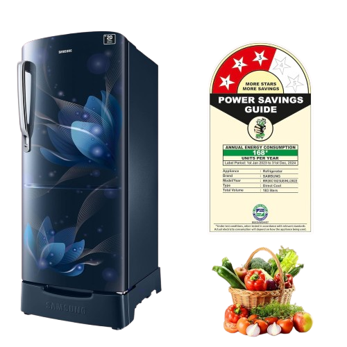 Samsung 183 L, 3 Star, Digital Inverter, Direct-Cool Single Door Refrigerator (RR20C1823U8/HL, Blooming Saffron Blue, Base Stand Drawer, 2024 Model)