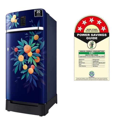 Samsung 189 L, 5 Star, Digi-Touch Cool Digital Inverter, with Display Direct-Cool Single Door Refrigerator (RR21C2F25NK/HL,Orange Blossom Blue, Base Stand Drawer, 2023 Model)