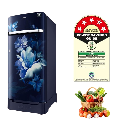 Samsung 189L 5 Star, Inverter, Direct-Cool Single Door Refrigerator (RR21C2H25UZ/HL,Midnight Blossom Blue) Base Stand Drawer, 2023 Model