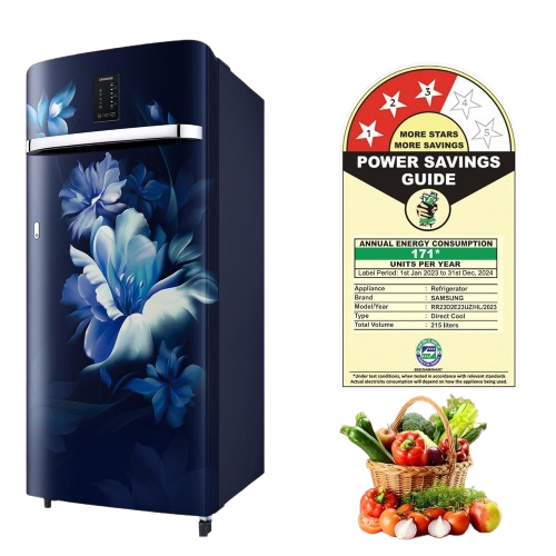 Samsung 215 L, 3 Star, Digi-Touch Cool with Display, Digital Inverter Direct-Cool Single Door Refrigerator (RR23D2E23UZ/HL, Midnight Blossom Blue, 2024 Model)