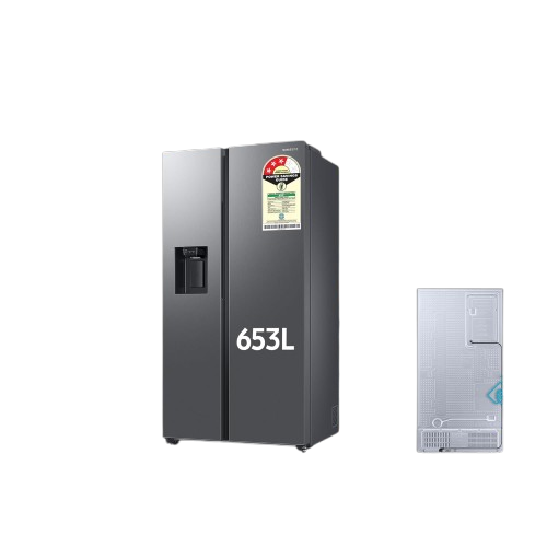 Samsung 633 L, 3 Star, Frost Free, Double Door, Convertible 5-in-1 Digital Inverter, Side By Side Refrigerator with AI, WiFi & Water & Ice Dispenser (RS78CG8543S9HL, Silver, Refined Inox, 2024 Model)