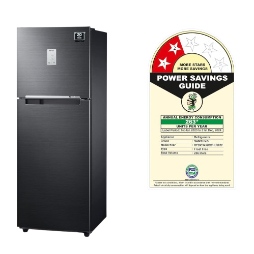 Samsung 236 L, 2 Star, Digital Inverter, with Display Frost Free Double Door Refrigerator (RT28C3452BX/HL, Luxe Black, 2023 Model)