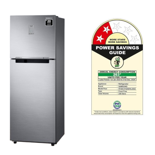 Samsung 236 L, 2 Star, Convertible, Digital Inverter, with Display Frost Free Double Door Refrigerator (RT28C3742S8/HL, Silver, Elegant Inox, 2023 Model)