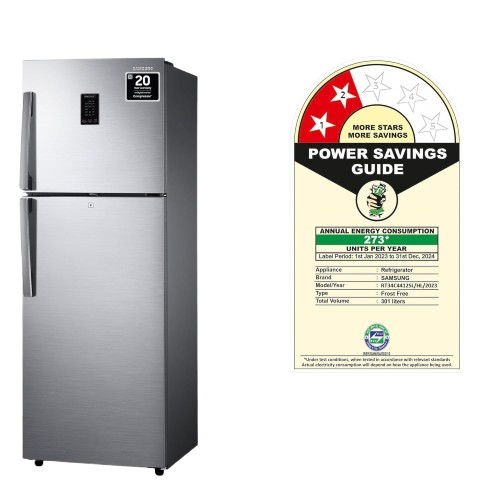 Samsung 301 L, 2 Star, Convertible 5-in-1 Digital Inverter, with Display Frost Free Double Door Refrigerator (RT34C4412SL/HL, Silver, Real Steel, 2023 Model)
