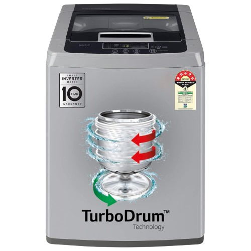 LG 6.5Kg టాప్ లోడ్ వాషింగ్ మెషిన్, స్మార్ట్ ఇన్వర్టర్ మోటార్, మిడిల్ ఫ్రీ సిల్వర్