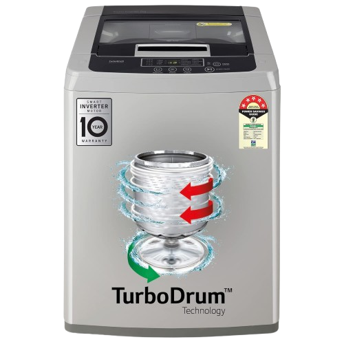 LG 7Kg టాప్ లోడ్ వాషింగ్ మెషిన్, స్మార్ట్ ఇన్వర్టర్ మోటార్, మిడిల్ ఫ్రీ సిల్వర్
