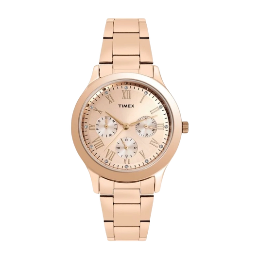 Timex Fashion Women's Rose Gold Dial Round Case Multifunction Function Watch -TW000Q810