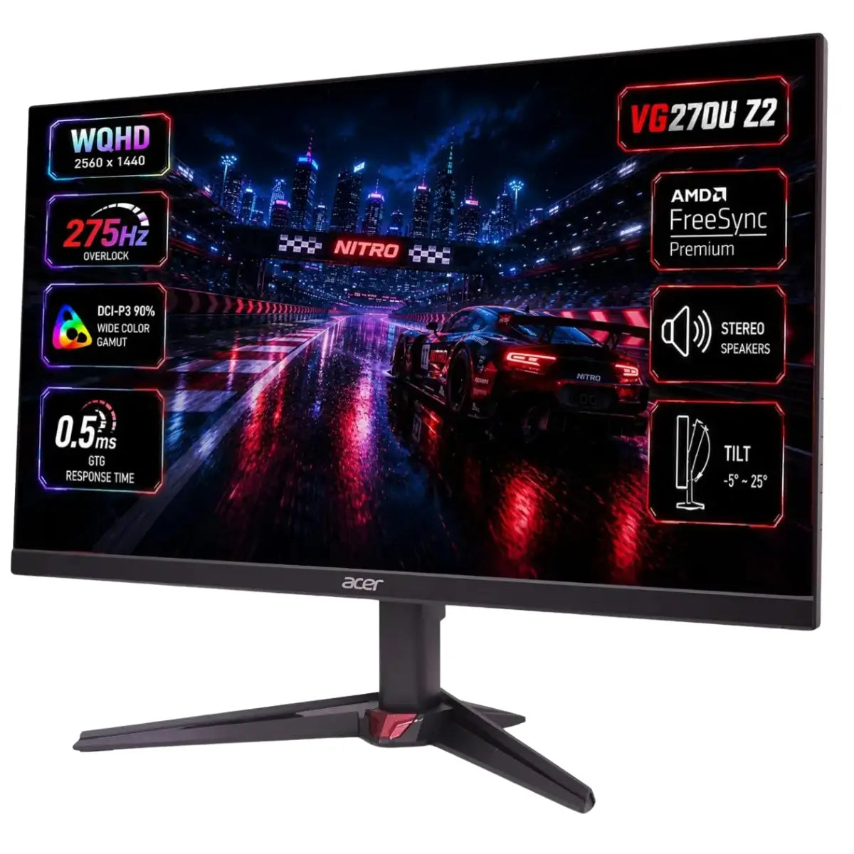 Acer Nitro VG270U Z2 27-inch Gaming Monitor | QHD 2560 × 1440 IPS Display | Up to 275Hz Overclocked Refresh Rate | 0.5ms GTG | HDR10 | 90% DCI-P3 Colour Gamut | 2 × HDMI 2.1 | DisplayPort 1.4 | Dual 2W Speakers | Black