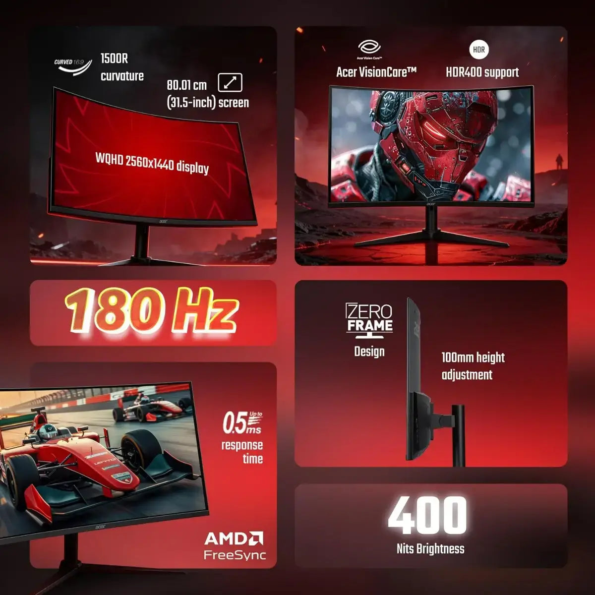 Acer Nitro XZ322QU V3 31.5-inch Curved Gaming Monitor | WQHD 2560 × 1440 Resolution | 180Hz Refresh Rate | VA Panel | 1500R Curvature | AMD FreeSync | VESA DisplayHDR 400 | Built-in Speakers