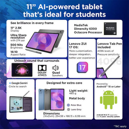 Lenovo Idea Tab 5G Tablet | 11-inch 2.5K IPS Display | 6GB RAM + 128GB Storage | MediaTek Dimensity 6300 Processor | 5G Connectivity | Lenovo Tab Pen Included | 7040mAh Battery | Luna Grey