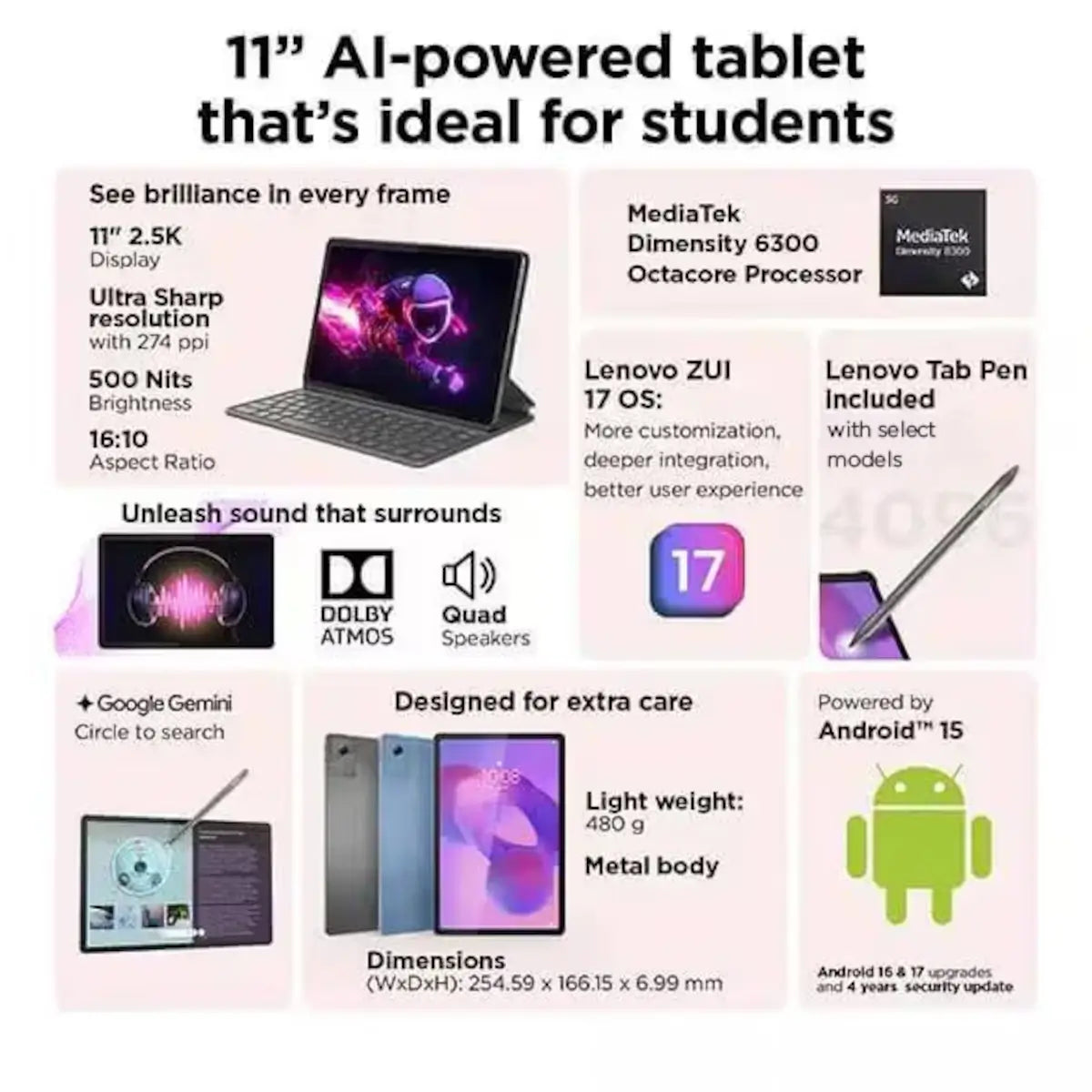 Lenovo Idea Tab 11-inch Tablet | 8GB RAM + 256GB Storage | 2.5K IPS Display | 90Hz Refresh Rate | MediaTek Dimensity 6300 Processor | Wi-Fi | Lenovo Tab Pen Included | 7040mAh Battery | Luna Grey