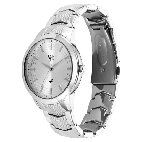 Fastrack Vyb Atlas Quartz Analog Silver Dial Silver Metal Strap Watch For Guys