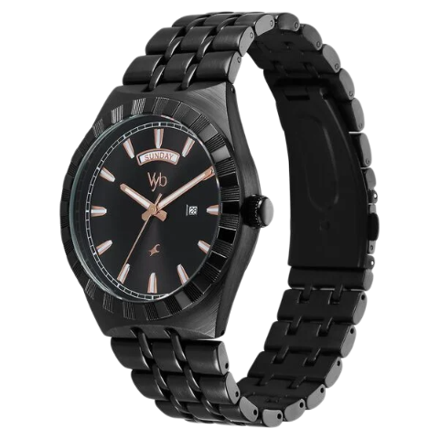 Fastrack Vyb Orion Quartz Analog Black Dial Black Color Metal Strap Watch For Guys