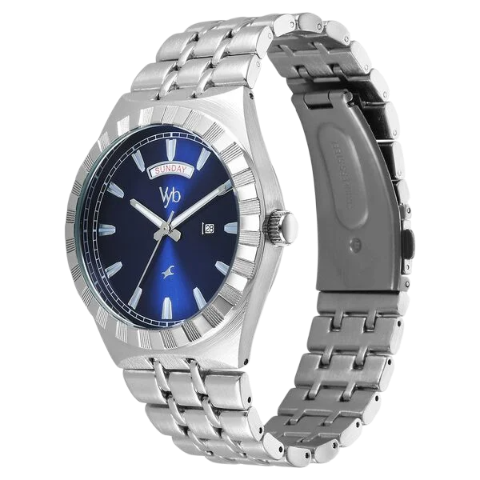 Fastrack Vyb Orion Quartz Analog Blue Dial Silver Color Metal Strap Watch For Guys