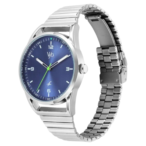 Fastrack Vyb Horizon Quartz Analog Blue Dial Silver Metal Strap Watch For Guys
