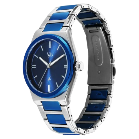 Fastrack Vyb Nimbus Quartz Analog Blue Dial Two Toned Color Metal Strap Watch For Guys